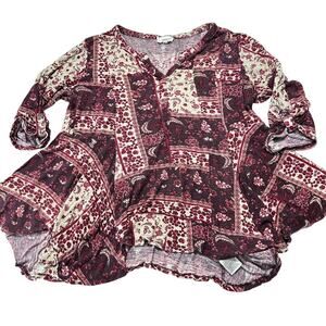 Symmetry Tunic Top XL Burgundy Flowy Colorful Boho Chic Cottagecore Lightweight